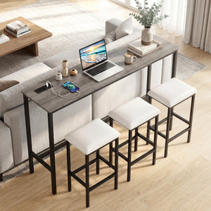 4 Pieces Counter Height Bar Table with Power Outlet with 3 Padded Stools-Gray