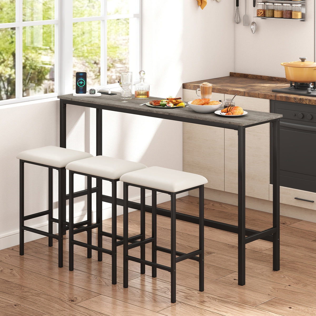 4 Pieces Counter Height Bar Table with Power Outlet with 3 Padded Stools-Gray