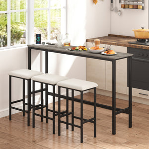 4 Pieces Counter Height Bar Table with Power Outlet with 3 Padded Stools-Gray