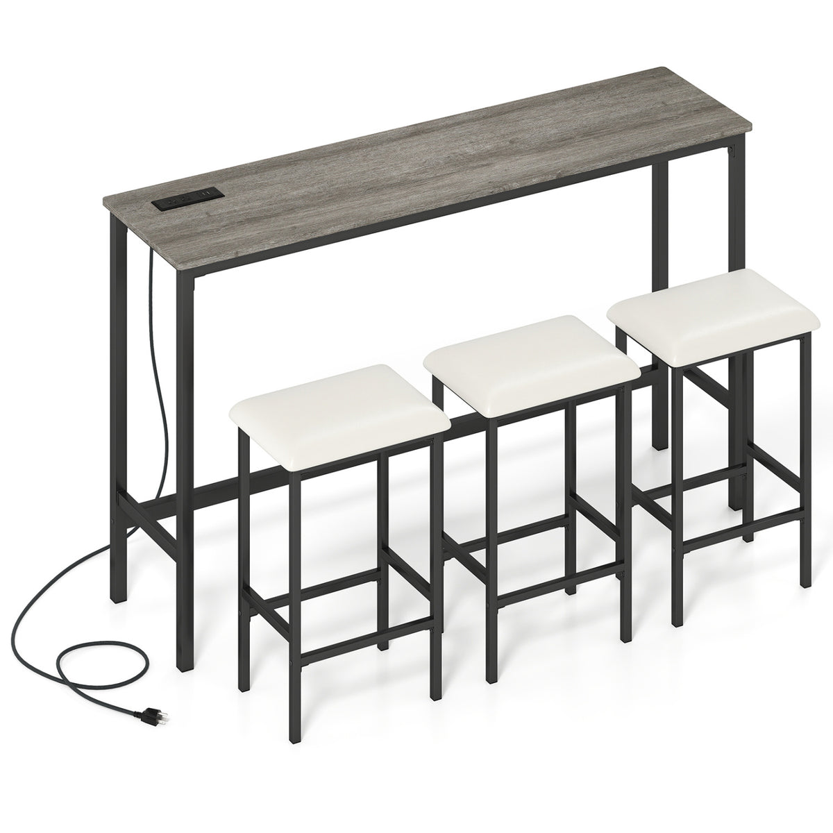4 Pieces Counter Height Bar Table with Power Outlet with 3 Padded Stools-Gray