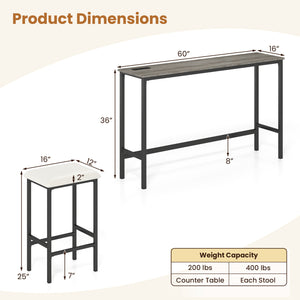 4 Pieces Counter Height Bar Table with Power Outlet with 3 Padded Stools-Gray