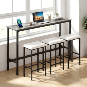 4 Pieces Counter Height Bar Table with Power Outlet with 3 Padded Stools-Gray