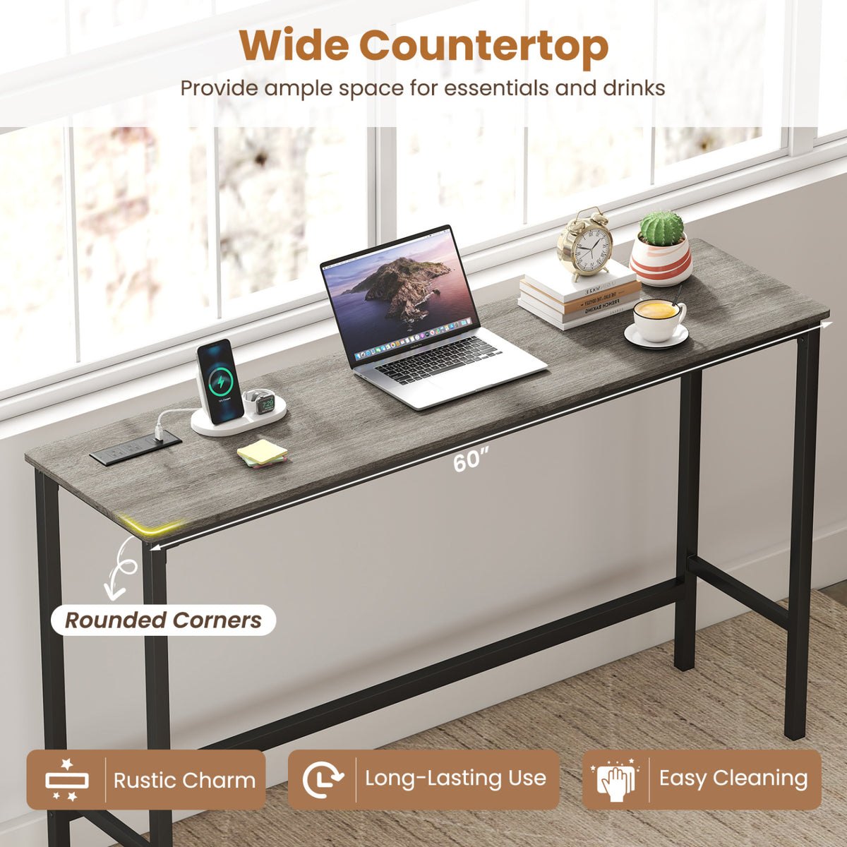 4 Pieces Counter Height Bar Table with Power Outlet with 3 Padded Stools-Gray