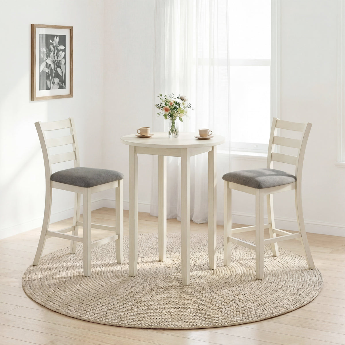 4 Pieces Counter Height Chairs with Fabric Seat and Rubber Wood Legs-Beige