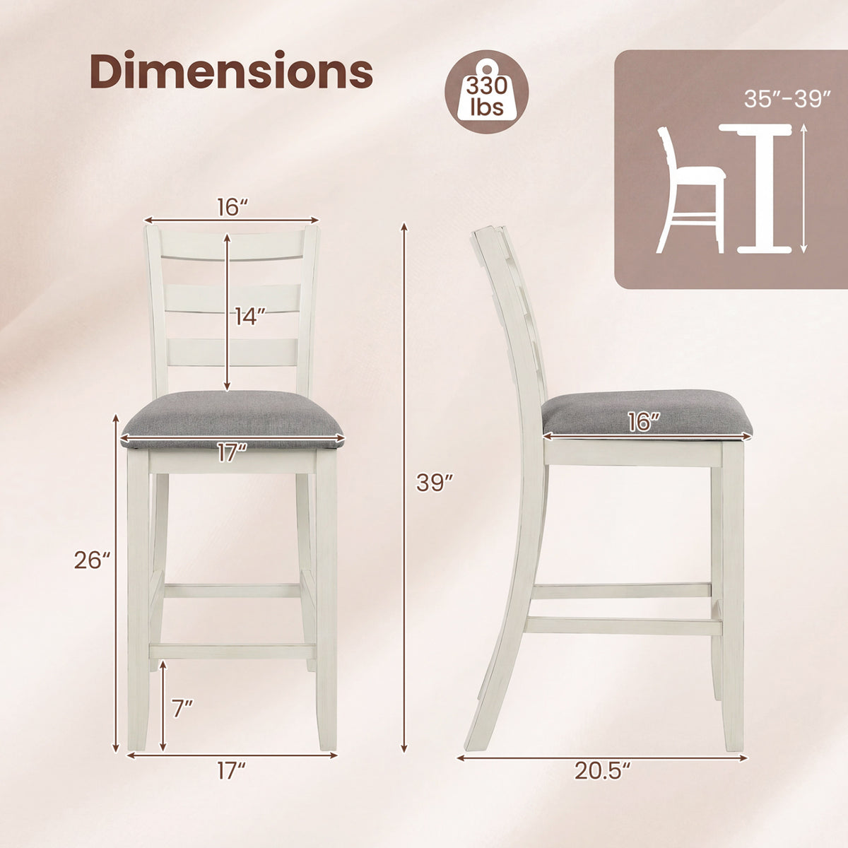 4 Pieces Counter Height Chairs with Fabric Seat and Rubber Wood Legs-Beige