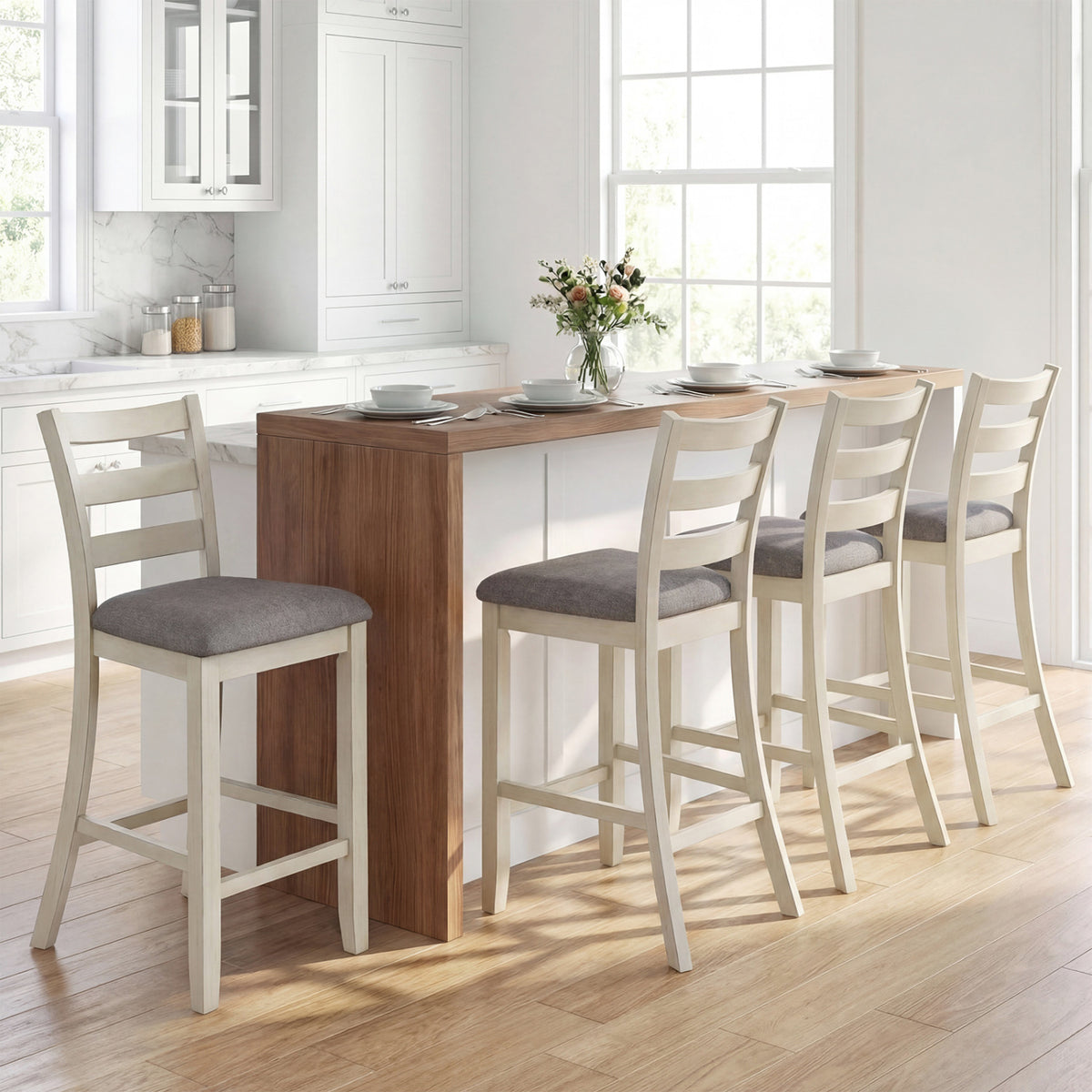 4 Pieces Counter Height Chairs with Fabric Seat and Rubber Wood Legs-Beige