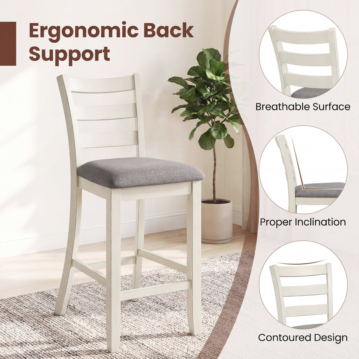 4 Pieces Counter Height Chairs with Fabric Seat and Rubber Wood Legs-Beige