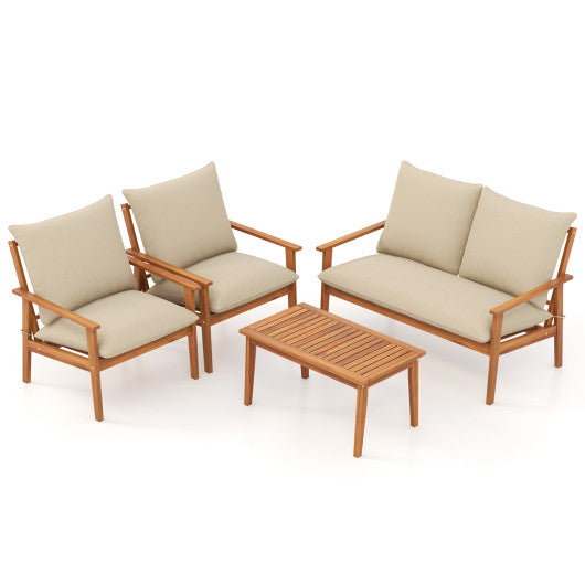 4 Pieces Outdoor Acacia Wood Conversation Set with Soft Cushions and Coffee Table-White