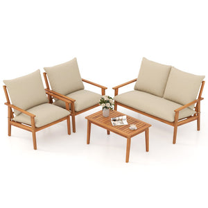 4 Pieces Outdoor Acacia Wood Conversation Set with Soft Cushions and Coffee Table-White