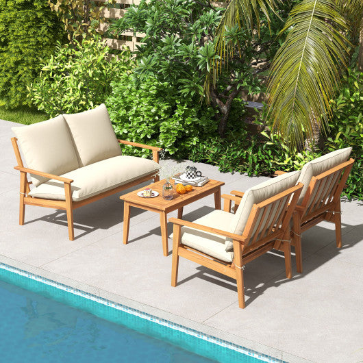 4 Pieces Outdoor Acacia Wood Conversation Set with Soft Cushions and Coffee Table-White