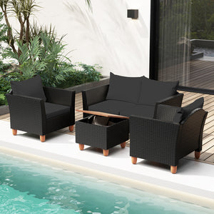 4 Pieces Outdoor Conversation Set with Storage Coffee Table-Black