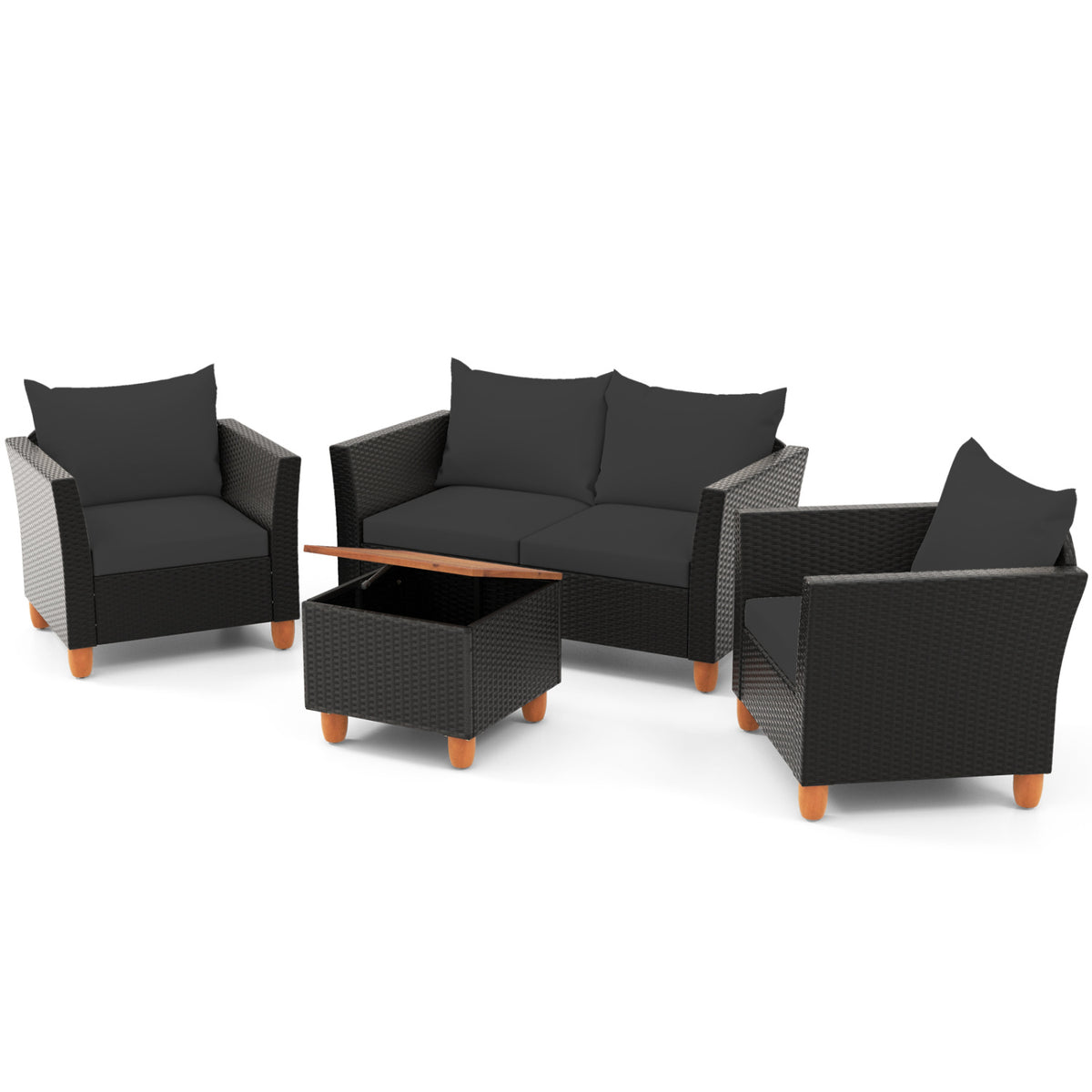 4 Pieces Outdoor Conversation Set with Storage Coffee Table-Black