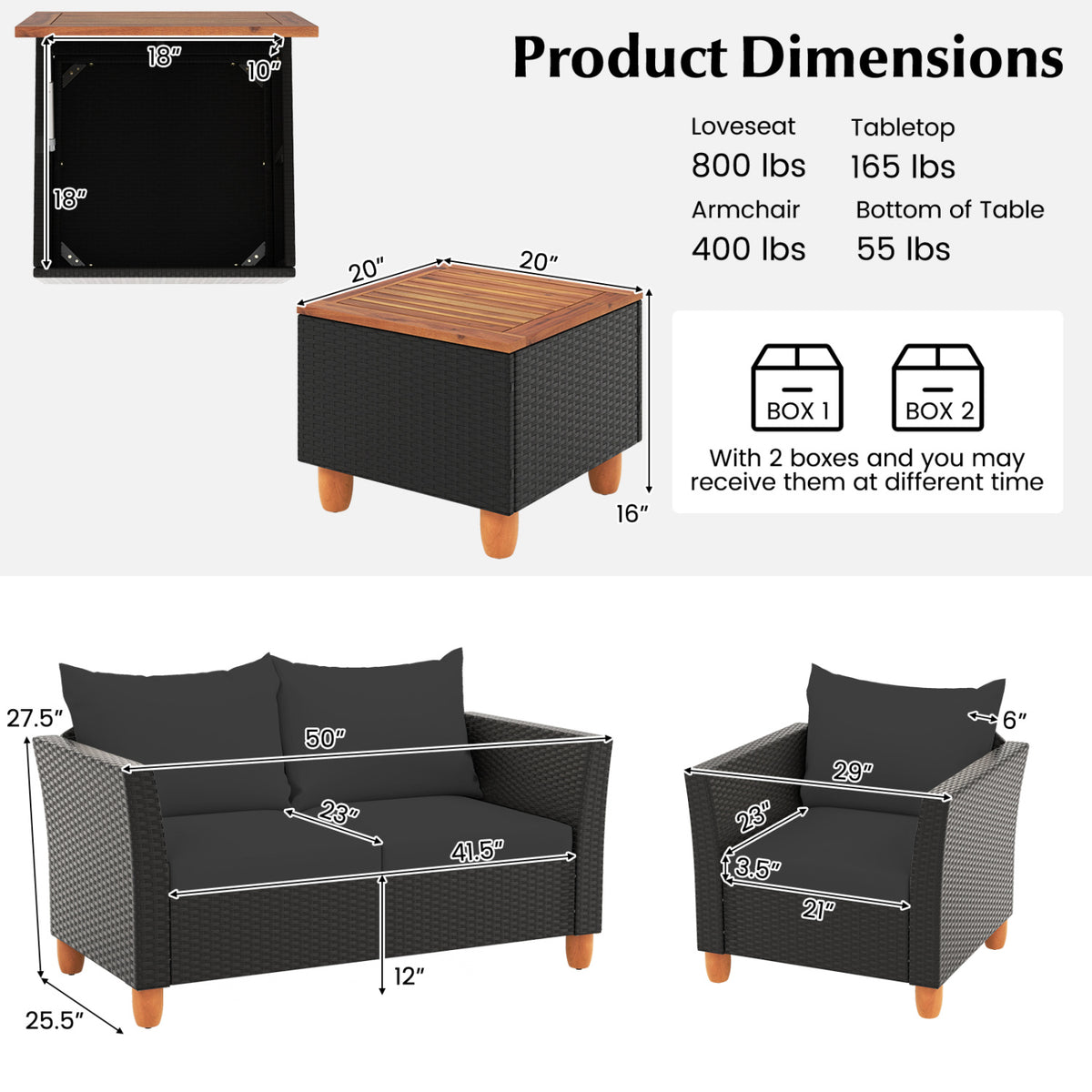 4 Pieces Outdoor Conversation Set with Storage Coffee Table-Black