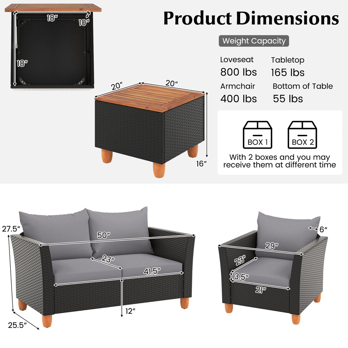 4 Pieces Outdoor Conversation Set with Storage Coffee Table-Gray