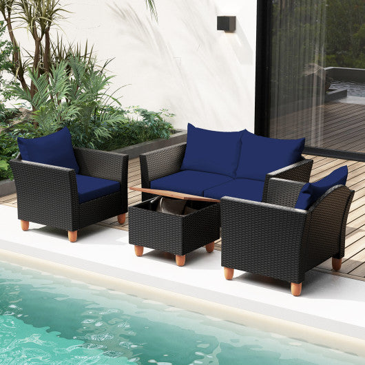 4 Pieces Outdoor Conversation Set with Storage Coffee Table-Navy