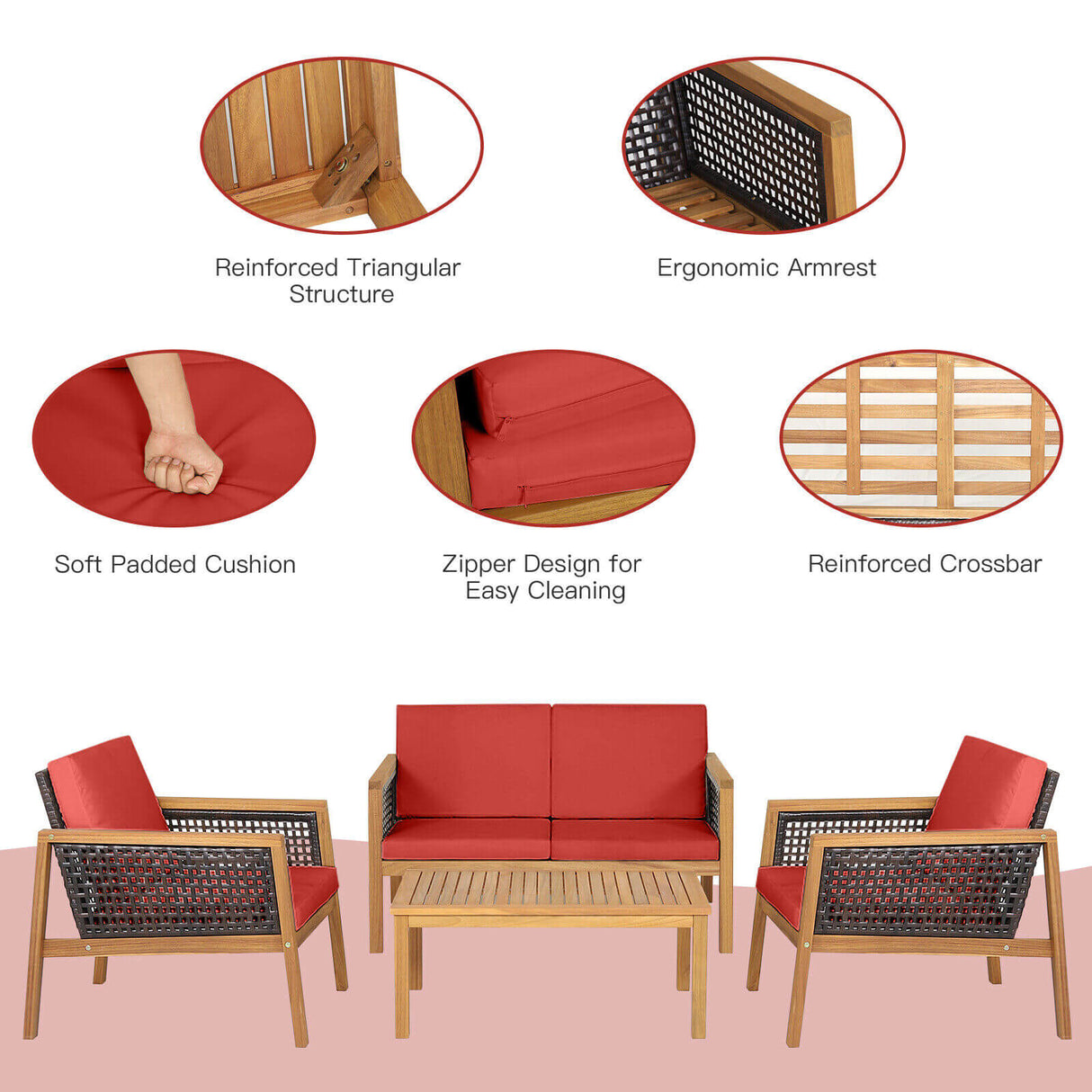 4 Pieces Patio Rattan Furniture Set with Removable Cushions-White