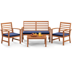 4 Pieces Outdoor Furniture Set with Stable Acacia Wood Frame-Navy