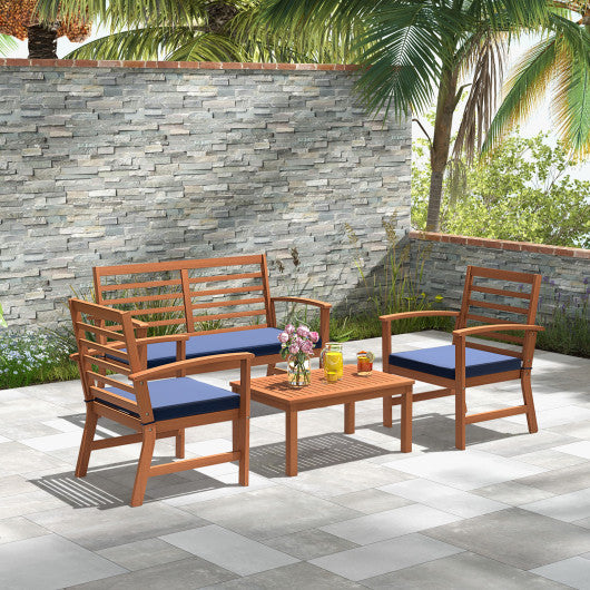 4 Pieces Outdoor Furniture Set with Stable Acacia Wood Frame-Navy