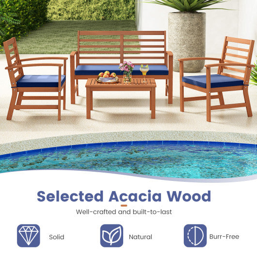 4 Pieces Outdoor Furniture Set with Stable Acacia Wood Frame-Navy