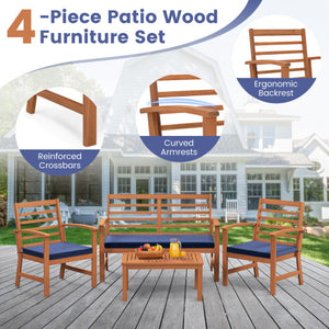 4 Pieces Outdoor Furniture Set with Stable Acacia Wood Frame-Navy