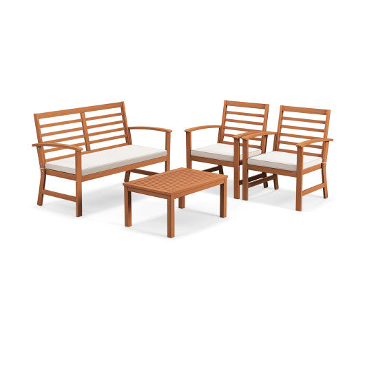 4 Pieces Outdoor Furniture Set with Stable Acacia Wood Frame-Beige