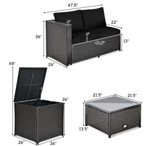 4 Pieces Outdoor Patio Rattan Furniture Set with Loveseat and Storage Box-Black