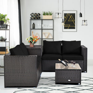 4 Pieces Outdoor Patio Rattan Furniture Set with Loveseat and Storage Box-Black
