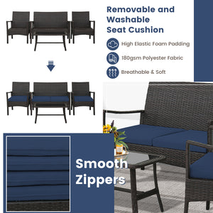 4 Pieces Outdoor Rattan Conversation Set with Tempered Glass Coffee Table-Navy