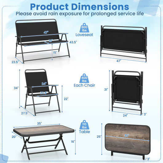 4 Pieces Patio Folding Furniture Set with SPC Coffee Table and Patio Chairs-Black