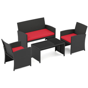4 Pieces Patio Furniture Set with Tempered Glass Tabletop and Removable Cushion-Red