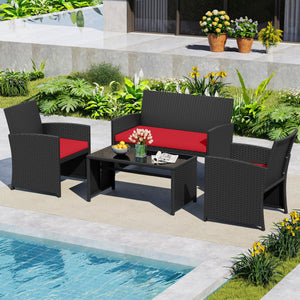4 Pieces Patio Furniture Set with Tempered Glass Tabletop and Removable Cushion-Red