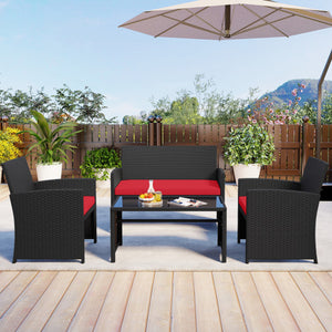 4 Pieces Patio Furniture Set with Tempered Glass Tabletop and Removable Cushion-Red
