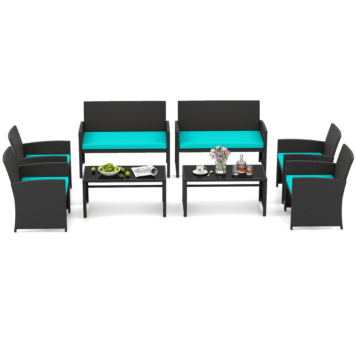 4 Pieces Patio Furniture Set with Tempered Glass Tabletop and Removable Cushion-Turquoise