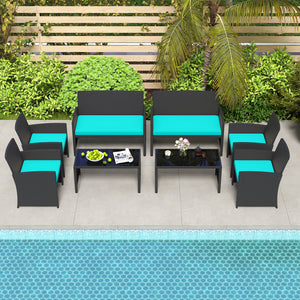 4 Pieces Patio Furniture Set with Tempered Glass Tabletop and Removable Cushion-Turquoise