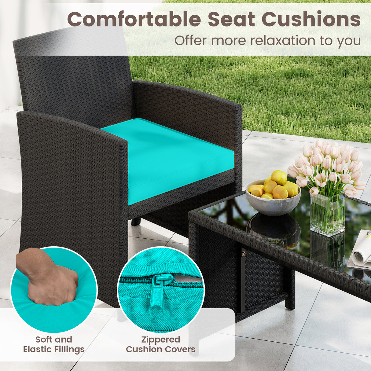 4 Pieces Patio Furniture Set with Tempered Glass Tabletop and Removable Cushion-Turquoise