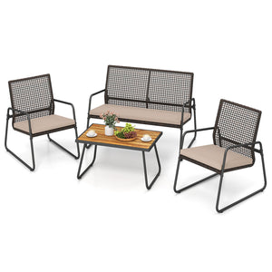 4 Pieces Patio Furniture Set with Acacia Wood Coffee Table and Zippered Cushions-Mix Brown