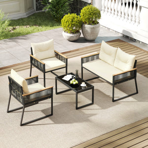 4 Pieces Patio Furniture Set Outdoor Conversation Set with Tempered Glass Coffee Table-Black