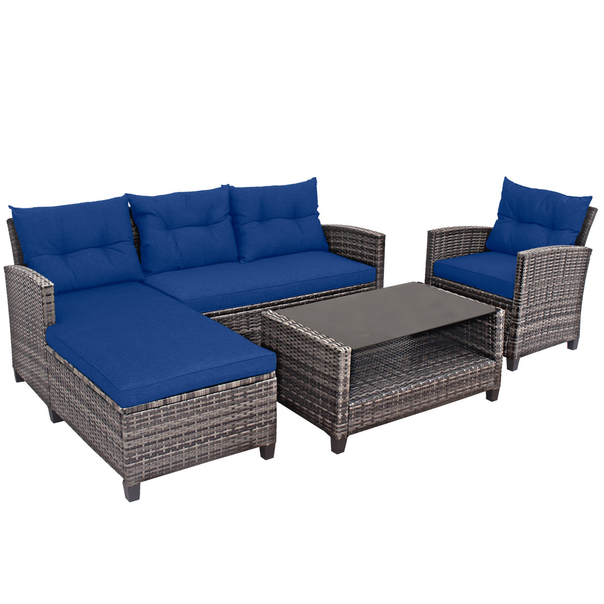 4 Pieces Patio Rattan Sofa Furniture Set with Cushion and 2-Tier Coffee Table-Navy