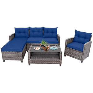 4 Pieces Patio Rattan Sofa Furniture Set with Cushion and 2-Tier Coffee Table-Navy