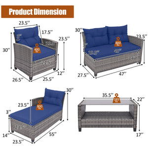 4 Pieces Patio Rattan Sofa Furniture Set with Cushion and 2-Tier Coffee Table-Navy