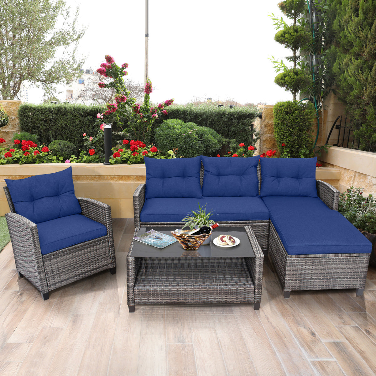 4 Pieces Patio Rattan Sofa Furniture Set with Cushion and 2-Tier Coffee Table-Navy
