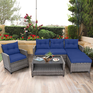 4 Pieces Patio Rattan Sofa Furniture Set with Cushion and 2-Tier Coffee Table-Navy