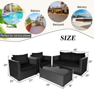 4 Pieces Patio Rattan Conversation Set with Cushions and Coffee Table-Black