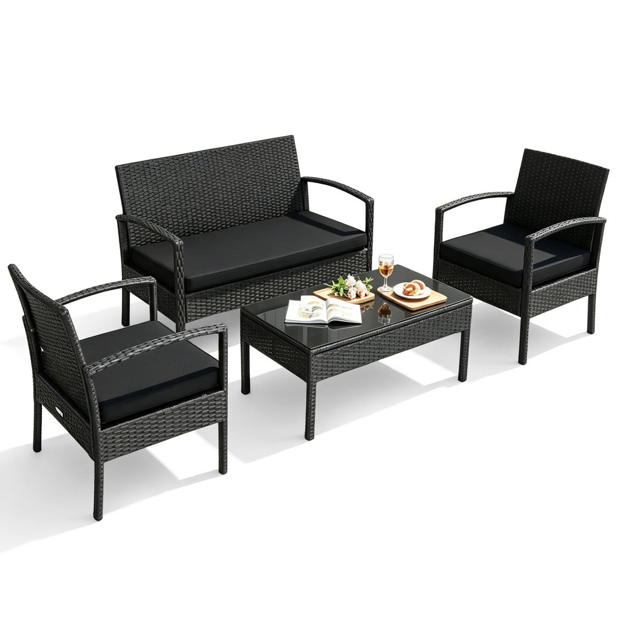 4 Pieces Patio Rattan Furniture Set with Cushion