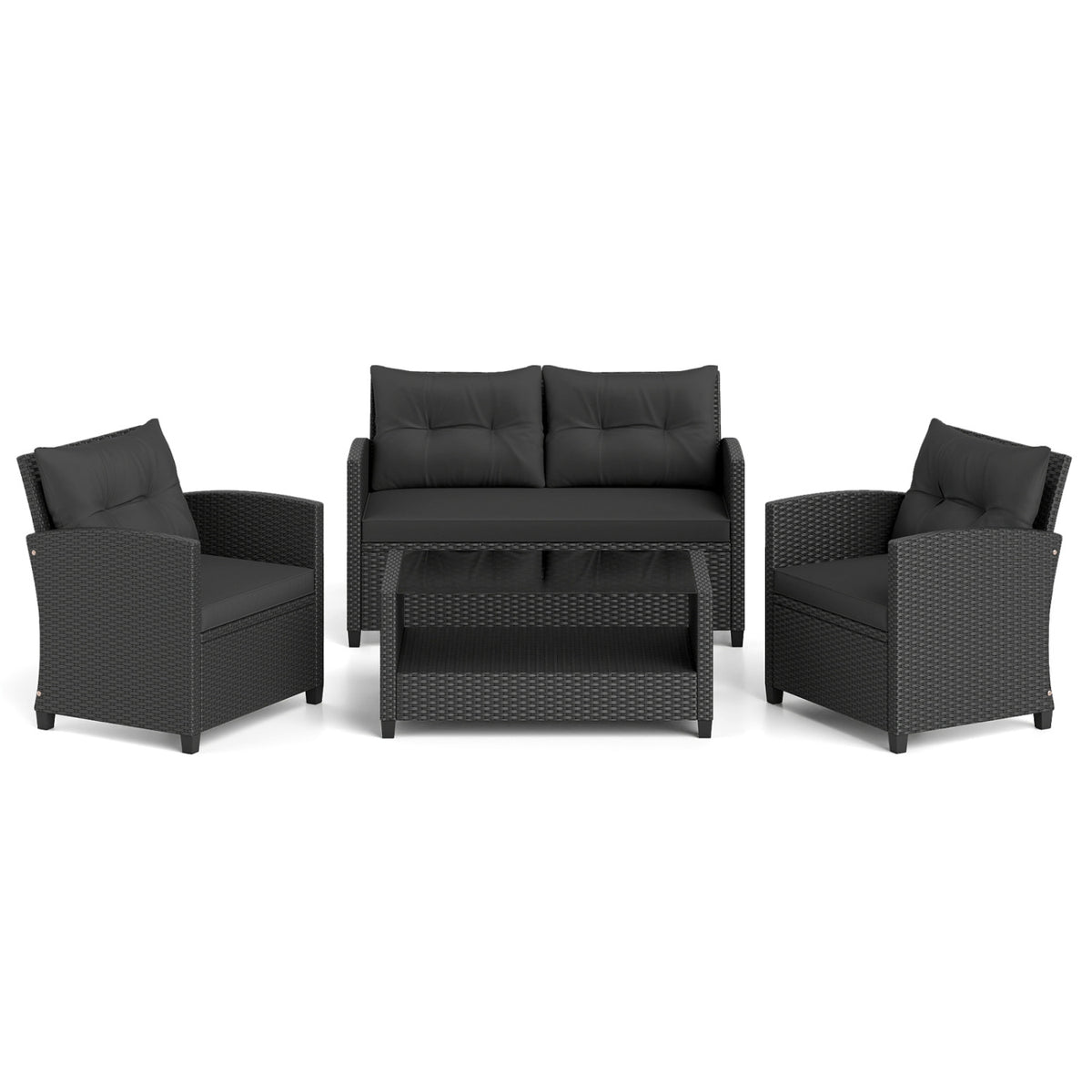 4 Pieces Patio Rattan Conversation Furniture Set with Glass Top Coffee Table-Black