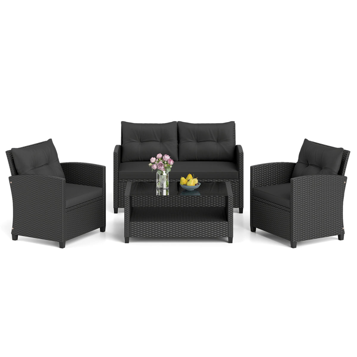 4 Pieces Patio Rattan Conversation Furniture Set with Glass Top Coffee Table-Black