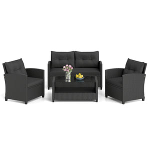 4 Pieces Patio Rattan Conversation Furniture Set with Glass Top Coffee Table-Black