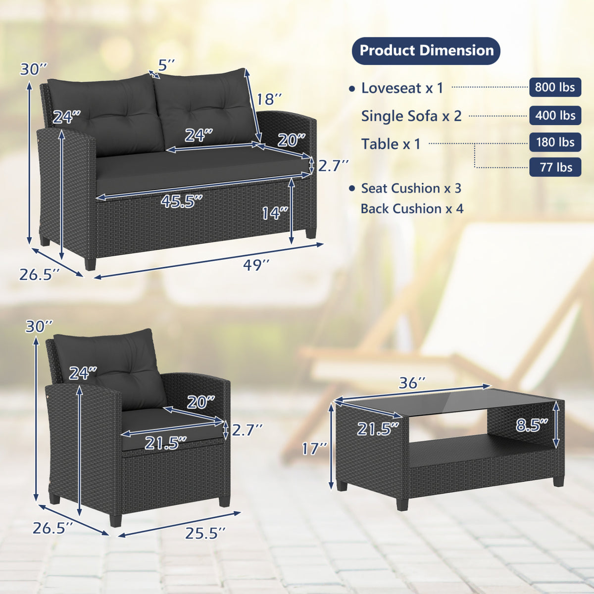 4 Pieces Patio Rattan Conversation Furniture Set with Glass Top Coffee Table-Black