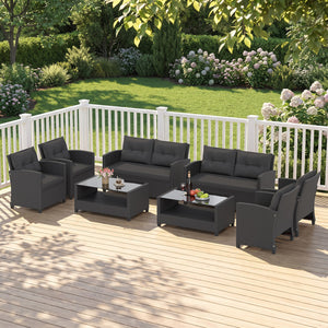 4 Pieces Patio Rattan Conversation Furniture Set with Glass Top Coffee Table-Black