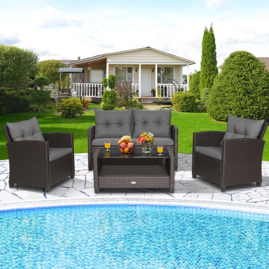4 Pieces Patio Rattan Conversation Furniture Set with Glass Top Coffee Table-Gray